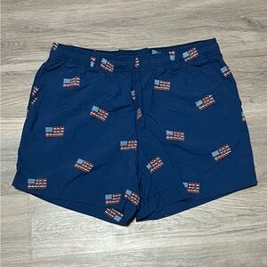 Columbia PFG Medium 5" Shorts Blue Swim Water Nylon American Flags USA Fishing